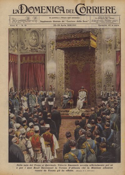 在Quirinale的宝座室，Vittorio Emanuele正式接受了他自己和他的？ 作者 Achille Beltrame