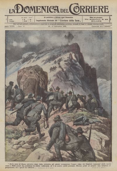 在Fassa（Avisio）地区，经过激烈的战斗，Alpini占领了Cauriol的高峰？ 作者 Achille Beltrame