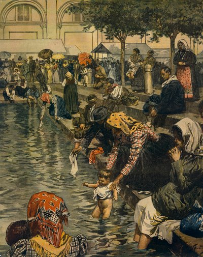 卡拉瓦乔朝圣：沐浴在神奇的水中，作者 Achille Beltrame（1871-1945），来自 La Domenica del Corriere 作者 阿基里·贝尔特拉姆（Achille Beltrame）