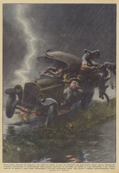 在锡耶纳，在一场雷雨期间，雷电撞上了满载的卡车？ 作者 Achille Beltrame