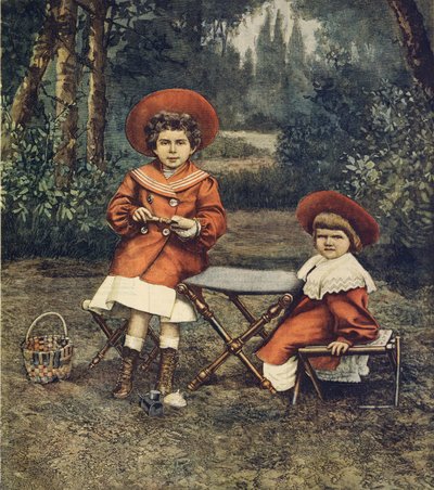 国王的女儿Jolanda和Mafalda公主在Quirinale的花园里，由Achille Beltrame（1871-1945）拍摄，来自La Domenica del Corriere。 作者 阿基里·贝尔特拉姆（Achille Beltrame）