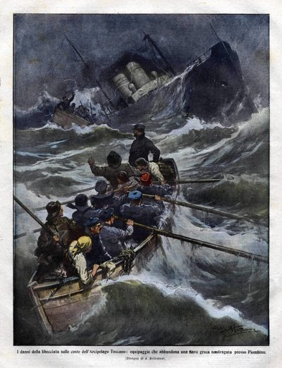1910年意大利船只在托斯卡纳附近沉没。插图：Achilles Beltrame 作者 阿基里·贝尔特拉姆（Achille Beltrame）