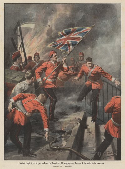 在军营开火期间，英国士兵死于拯救军团的旗帜 作者 Achille Beltrame