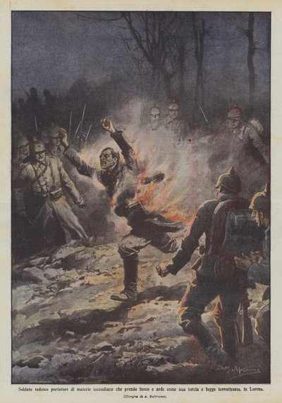德国士兵携带着火，像火炬一样燃烧并逃脱的燃烧材料？ 作者 Achille Beltrame