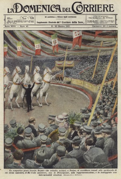 观看表演马的战士在都灵的一个马戏 作者 Achille Beltrame