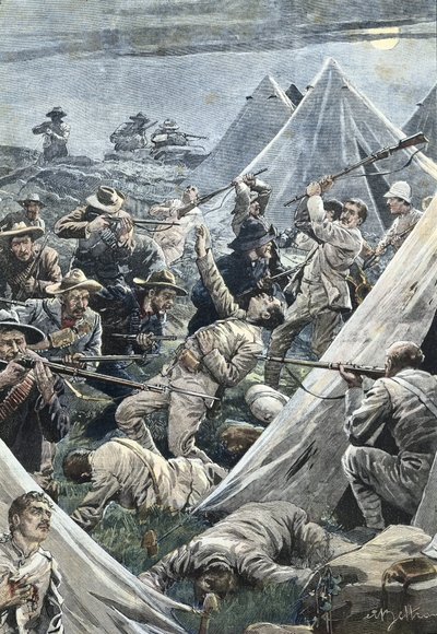 南非。第二次布尔战争。攻击英国的特威方丹营地（1902年）。插图：Achille Beltrame。雕刻。 作者 阿基里·贝尔特拉姆（Achille Beltrame）