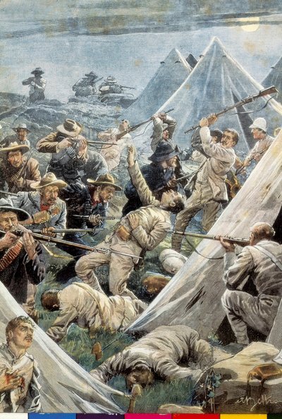 南非。第二次布尔战争。攻击英国的特威方丹营地（1902年）。插图：Achille Beltrame。雕刻。 作者 阿基里·贝尔特拉姆（Achille Beltrame）