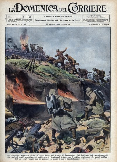 西班牙内战：桑坦德前线的 "自由军 "旅的前进。Achille Beltrame的插图来自1937年8月29日的 "La domenica del corriere"。 作者 阿基里·贝尔特拉姆（Achille Beltrame）