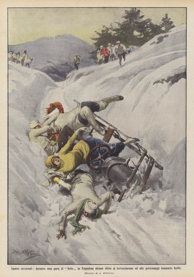 冬季运动，在恩加丁的一场雪橇比赛中，一些雪橇被推翻并且很高？ 作者 Achille Beltrame