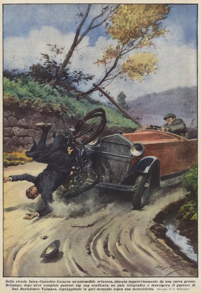 在Cannobio-Locarno内部，一辆瑞士汽车突然从弯道出现？ 作者 Achille Beltrame