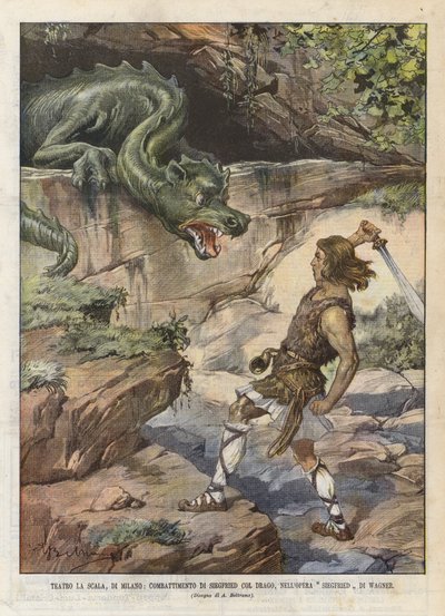 斯卡拉剧院，米兰，Siegfried Col Drago的战斗，在瓦格纳的齐格弗里德歌剧院 作者 Achille Beltrame