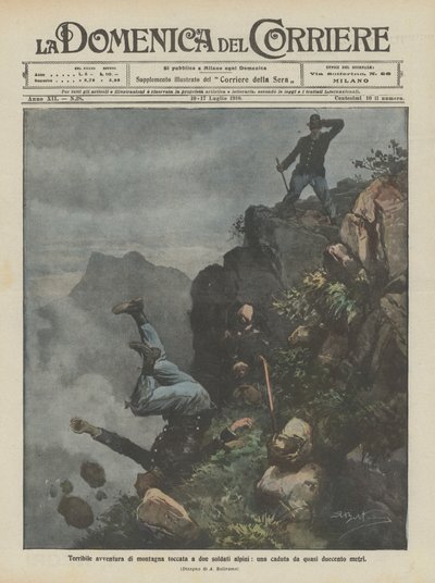 两名阿尔卑斯山士兵触及了可怕的登山探险，坠落近两百米 作者 Achille Beltrame