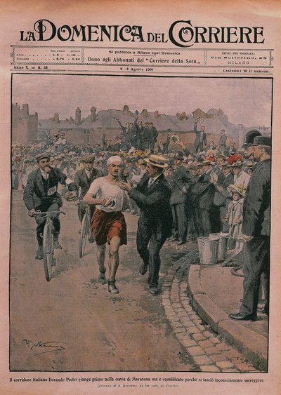 1908年奥运会，《La Domenica del Corriere》1908年的封面（彩色平版印刷）。 作者 阿基里·贝尔特拉姆（Achille Beltrame）