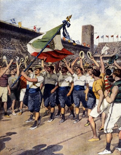 1912年斯德哥尔摩奥林匹克运动会：获胜的意大利体操队。A. Beltrame的作品。La Domenica del Corriere 作者 阿基里·贝尔特拉姆（Achille Beltrame）