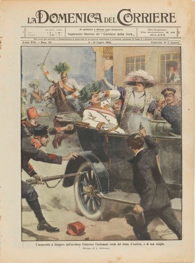 1914年6月28日，奥地利大公弗兰兹-斐迪南及其妻子在萨拉热窝被刺杀。   作者 Achille Beltrame