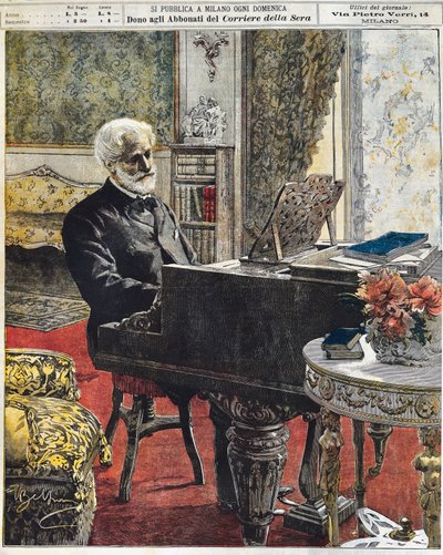 意大利作曲家朱塞佩-威尔第在他的书房里，由Achille Beltrame（1871-1945）绘制，La Domenica del Corriere，10月8日 作者 阿基里·贝尔特拉姆（Achille Beltrame）