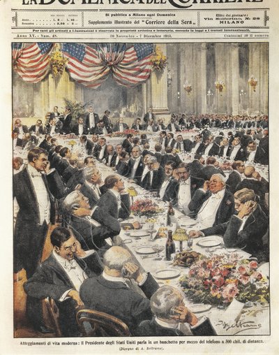美国总统在 500 公里外通过电话讲话。 Achille Beltrame 在意大利报纸“La Domenica del Corriere”上的插图，11 月 20 日 作者 阿基里·贝尔特拉姆（Achille Beltrame）