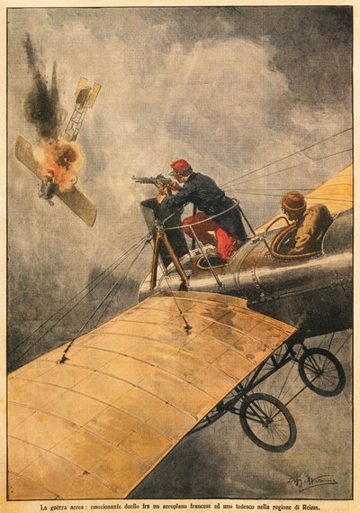 空中战争：法国飞机与德国飞机在兰斯上空的决斗，作者 Achille Beltrame（1871-1945），来自 La Domenica del Corriere，1914 年 10 月 25 日 作者 阿基里·贝尔特拉姆（Achille Beltrame）
