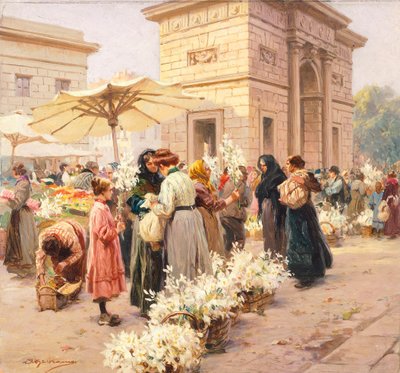 米兰加里波第港的百合花市场，作者Achille Beltrame (1871-1945)，来自La Domenica del Corriere，意大利 20世纪 作者 阿基里·贝尔特拉姆（Achille Beltrame）