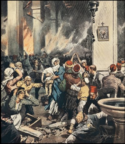 1909年在土耳其阿达纳发生的对亚美尼亚人的大屠杀，1909年5月 "La Domenica del Corriere "中阿基里斯-贝尔特拉梅（1871-1945）的插图。 作者 阿基里·贝尔特拉姆（Achille Beltrame）