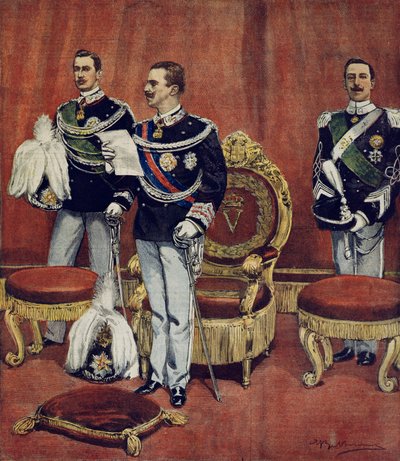 维托里奥·埃马努埃莱三世国王在罗马参议院宣誓就职，作者 Achille Beltrame（1871-1945），来自 La Domenica del Corriere 作者 阿基里·贝尔特拉姆（Achille Beltrame）