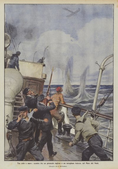在天空和大海之间，英国轮船和北海的德国飞机发生冲突 作者 Achille Beltrame