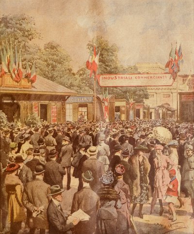 米兰贸易展览会，作者 Achille Beltrame，插图，插画家 Achille Beltrame (1871-1945)，来自 La Domenica del Corriere，1921 年 4 月 24 日 作者 阿基里·贝尔特拉姆（Achille Beltrame）
