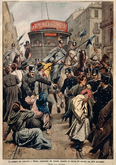 米兰的有轨电车罢工，作者是Achille Beltrame，插图，插图作者Achille Beltrame（1871-1945），来自La Domenica del Corriere。 作者 阿基里·贝尔特拉姆（Achille Beltrame）