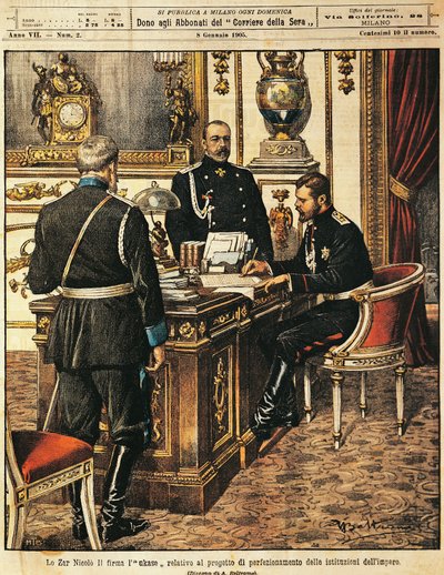 1905 年 1 月 8 日，Achille Beltrame（1871-1945）在 La Domenica del Corriere 签署了沙皇尼古拉斯二世的体制改革计划 作者 阿基里·贝尔特拉姆（Achille Beltrame）