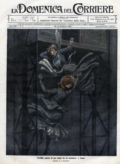 1910年，两名妇女从那不勒斯的一部电梯中坠落。 作者 阿基里·贝尔特拉姆（Achille Beltrame）