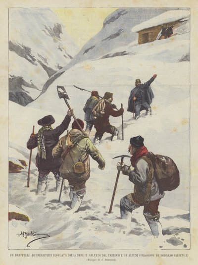 一艘被雪淹没的Carabinieri鸭子被教区牧师和一些勇敢者保存在Boissano（Albenga） 作者 Achille Beltrame