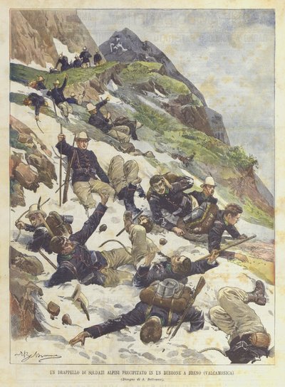 阿尔卑斯山的士兵在布雷诺（Valcamonica）的山沟里冲了一下 作者 阿基里·贝尔特拉姆（Achille Beltrame）