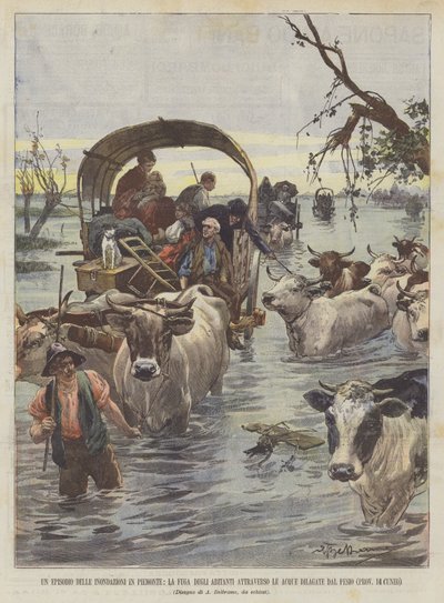 皮埃蒙特的洪水事件，居民逃离猖獗的水域？ 作者 Achille Beltrame