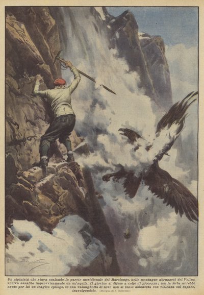 一名登山者正在攀登Murolungo的南墙，在阿布鲁佐的山区？ 作者 Achille Beltrame