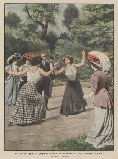 在巴黎的布洛涅森林（Bois de Boulogne）的两位女士之间，与剑一起决斗，流血事件 作者 Achille Beltrame