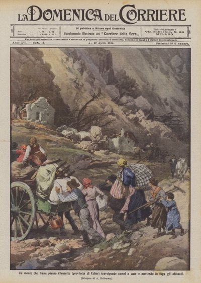 登陆Clauzetto（乌迪内省）的一座山，压倒了田野和房屋，让居民奔跑 作者 Achille Beltrame