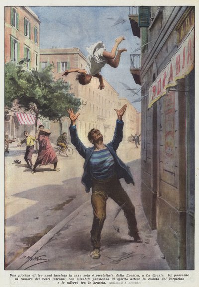 在拉斯佩齐亚，一个三年的小女孩独自一人留在屋内冲出了窗外 作者 Achille Beltrame