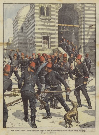 的黎波里起义，土耳其士兵投掷他们的武器，并拒绝为没有报酬而服务 作者 Achille Beltrame
