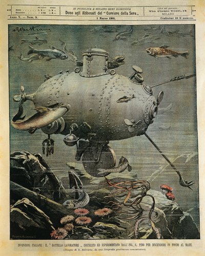 用于探索海底的水下海船，Achille Beltrame（1871-1945）的插图，来自 La Domenica del Corriere，3 月 1 日 作者 阿基里·贝尔特拉姆（Achille Beltrame）