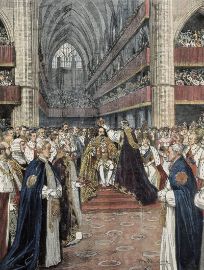 英国（1901年）。爱德华七世在威斯敏斯特教堂的加冕仪式。由Achille Beltrame创作的插图发表在《Domenica del Corriere》上。雕刻。 作者 阿基里·贝尔特拉姆（Achille Beltrame）