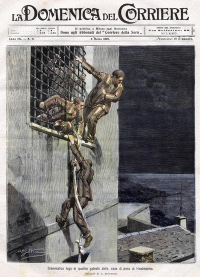 1907年，三名囚犯从意大利Finalmarina监狱越狱。Achille Beltrame为3月3日的Domenica del Corriere提供的插图。 作者 阿基里·贝尔特拉姆（Achille Beltrame）