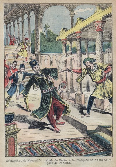 1896年波斯（伊朗）国王纳赛尔-艾丁（1831-1896）遇刺（又称纳赛尔丁-沙阿、纳赛尔-艾丁-沙阿-卡贾尔、纳赛尔-艾丁-沙阿-卡贾尔、纳西鲁丁-沙阿）--1896年阿奇尔-莱莫为《勒-佩兰》所作的插图--遇刺。 作者 阿基里·莱莫特（Achille Lemot）