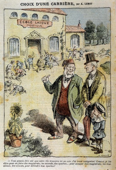 职业的选择。关于莱克学校的漫画--作者Achile Lemot（1846-1909），载于1909年4月4日的《Le Pelerin》杂志。 作者 阿基里·莱莫特（Achille Lemot）