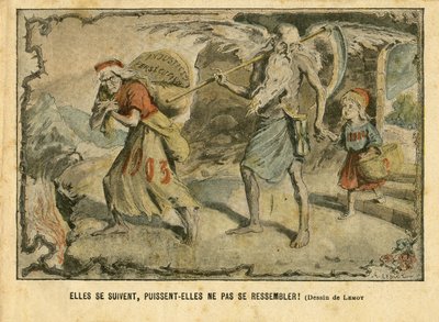 Achille Lemot (1846-1909)在《Le Pelerin》中的插图，03/01/04 - 他们彼此相随，但愿他们不一样!不公正的迫害--童年，宗教信仰，时间/季节，新年--玛丽安，时间（寓意）--寓意，对立/联想 作者 阿基里·莱莫特（Achille Lemot）