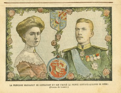 Achille Lemot（1846-1909）在Le Pelerin杂志上的插图，21/05/05 - 康诺特公主和她的未婚夫瑞典王子古斯塔夫-阿道夫 - 君主制，奖章，外国君主，瑞典 - 德-康诺特公主（1882-1920），瑞典的古斯塔夫四世-阿道夫 作者 阿基里·莱莫特（Achille Lemot）