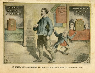 2004年5月1日Le Pelerin上的Achille Lemot（1846-1909）插图 - Le awakening de la conscience francaise au vote municipal - Elections, Religion Faith, Bloc des lefts, Catholicism Catholique - Laicisation Laicite Lois laiques - Combes Emile（1835-1921）。 作者 阿基里·莱莫特（Achille Lemot）