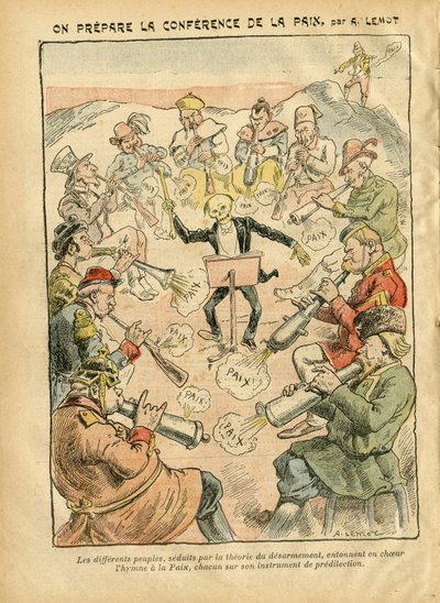 Achille Lemot (1846-1909)在Le Pelerin的插图，07年2月3日 - 筹备和平会议 - 俄罗斯，德国普鲁士，亚洲，音乐，美国美国，英国大不列颠，东方，欧洲，意大利，中国，大炮，炮弹，和平，舞蹈，法国，裁军 作者 阿基里·莱莫特（Achille Lemot）
