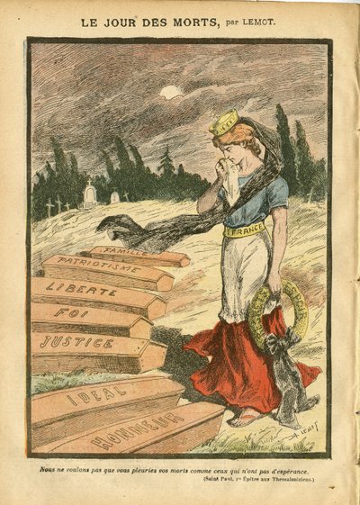 Achille Lemot（1846-1909）在Le Pelerin的插图，07年11月3日 - 亡灵节 - 司法程序，宗教信仰，自由，法国，三色旗，爱国主义，哀悼 Obseque葬礼，荣誉，棺材 - Marianne - 死亡，宗教隐语 作者 阿基里·莱莫特（Achille Lemot）