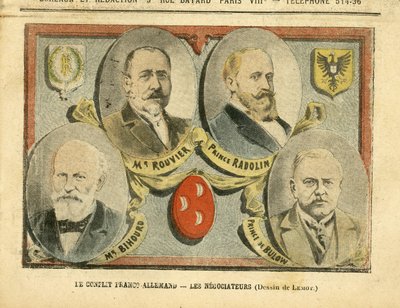 Le Pelerin杂志中Achille Lemot（1846-1909）的插图，09/07/05 - 法德冲突，谈判者 - 殖民化 殖民主义 殖民地，德国 普鲁士，摩洛哥，法国，丹吉尔 - Rouvier Maurice（1842-1911）, Bulow Bernhard von（1849-1929）, Rad 作者 阿基里·莱莫特（Achille Lemot）