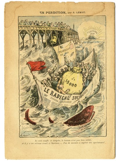 Achille Lemot (1846-1909)在Le Pelerin的插图，20/06/09 - In perdition - Radicalism, Elections, Antimaconism Freemaking, Maritime Marine Seaside, Fifteen thousand, Parliamentary indemnities, Radical and Radical Socialist Party - Fish, Shark - Ani 作者 阿基里·莱莫特（Achille Lemot）